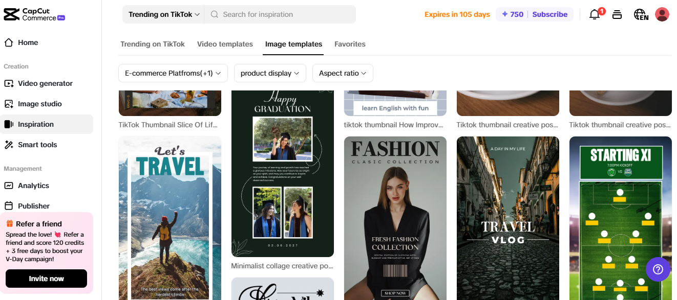 Pippit image templates for influencer marketing, travel vlogs, fashion collections, and TikTok thumbnails. 